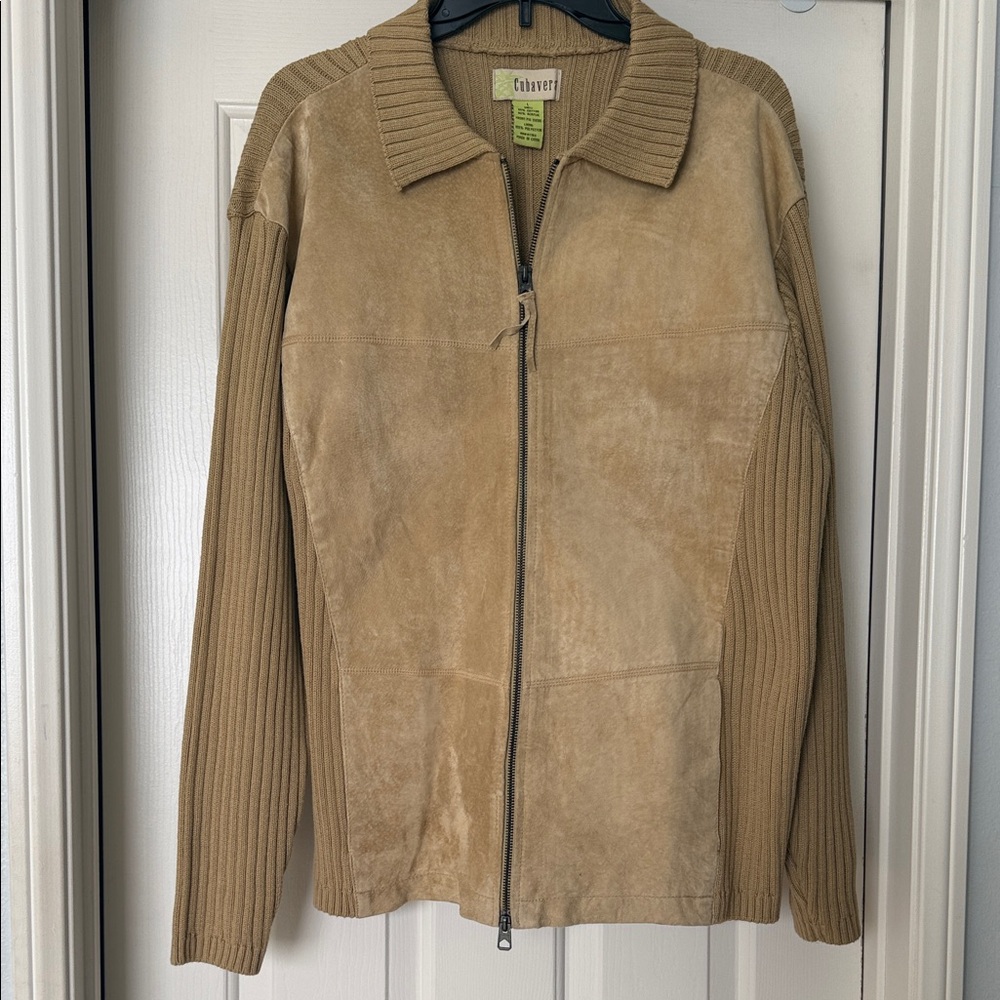 Cubavera Tan Suede Front Zip Jacket with Knit Sleeves